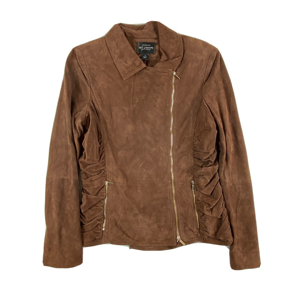 St. John Boutiques Brown Lamb Suede Asymmetrical Zip Blazer Jacket Womens 6
